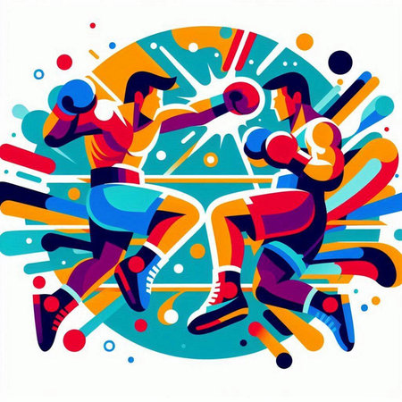 Illustration of a group of boxers in a colorful circle.のイラスト素材