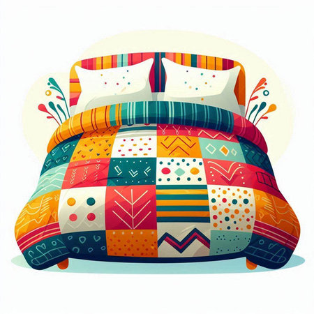 Vector illustration of a bed with colorful pillows and plaidsのイラスト素材