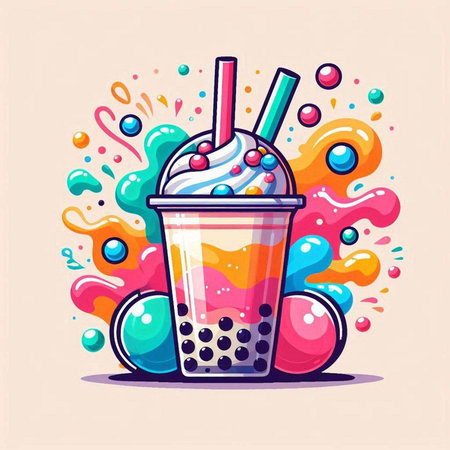 Vector illustration of milkshake in plastic cup with straw and colorful splash.のイラスト素材