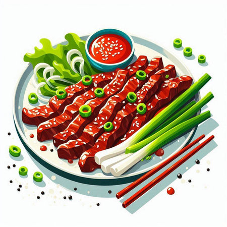 Sliced raw beef on plate with green onion and soy sauceのイラスト素材