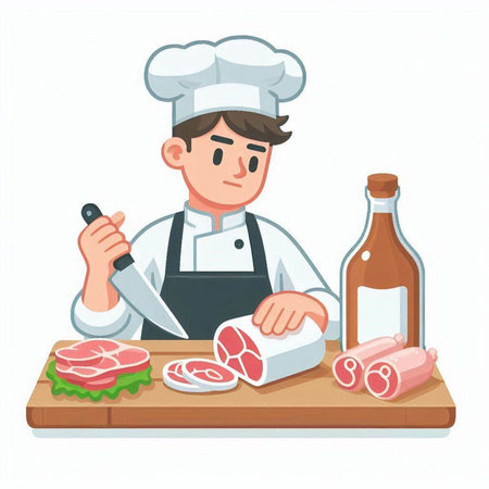 Chef cutting meat. Vector illustration in cartoon style on white backgroundのイラスト素材