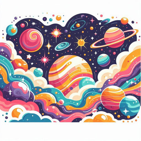 Cartoon space background with planets, stars and comets. Vector illustrationのイラスト素材