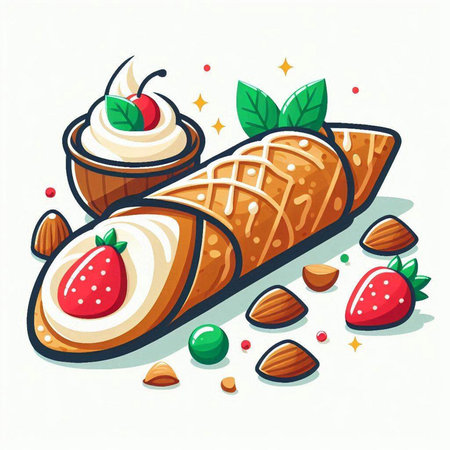 Cake with cream and strawberries. Vector illustration in cartoon style.のイラスト素材