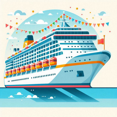 Cruise ship on the background of the sea. Vector illustration.のイラスト素材