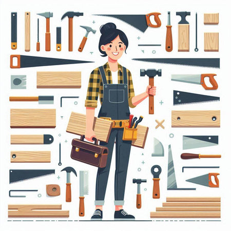 Carpenter cartoon character with tools. Woodwork, carpentry, woodwork, carpentry concept. Vector illustrationのイラスト素材