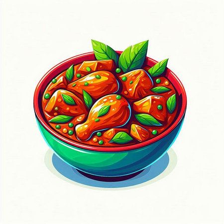 Illustration of a bowl of spicy chicken meat with tomato sauce.のイラスト素材