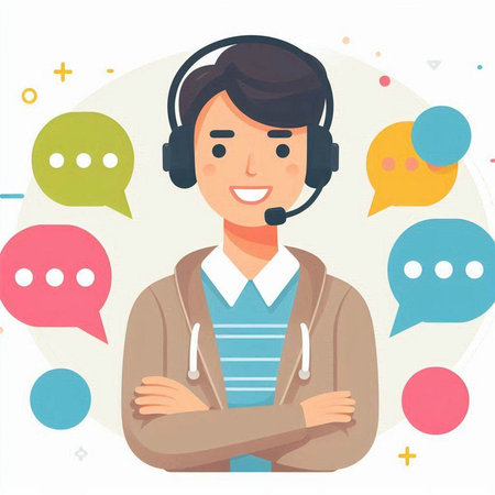 Call center operator with headset and speech bubbles. Flat vector illustration.のイラスト素材