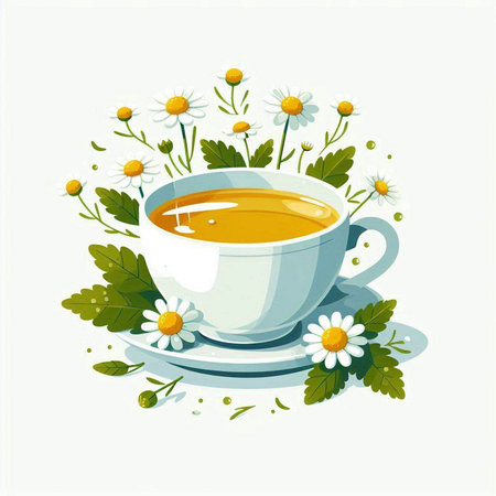 Cup of herbal tea with chamomile flowers. Vector illustration.のイラスト素材