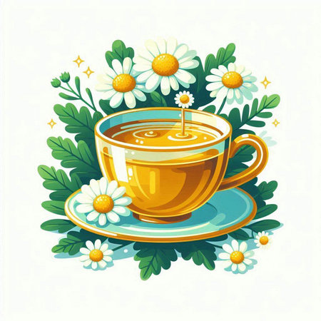 Cup of herbal tea with chamomile flowers. Vector illustration.のイラスト素材
