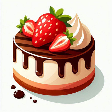 Vector illustration of a chocolate cake with strawberries on a white background.のイラスト素材