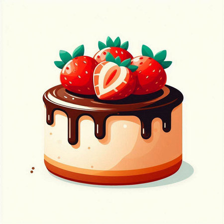 Chocolate cake with strawberries. Vector illustration in a flat style.のイラスト素材