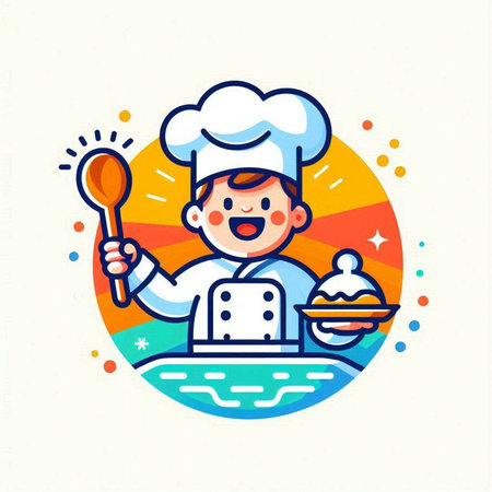 Chef boy with ladle and cake in the circle. Vector illustrationのイラスト素材