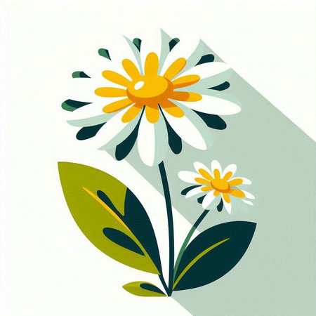 Illustration of daisies with green leaves on a white backgroundのイラスト素材