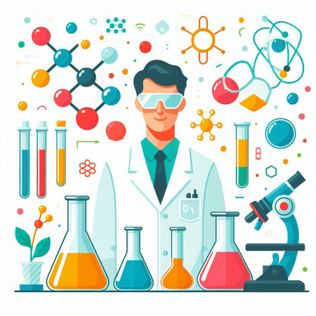 Scientist in laboratory. Vector illustration in flat style. Concept of chemistry, biology, scientific research.のイラスト素材