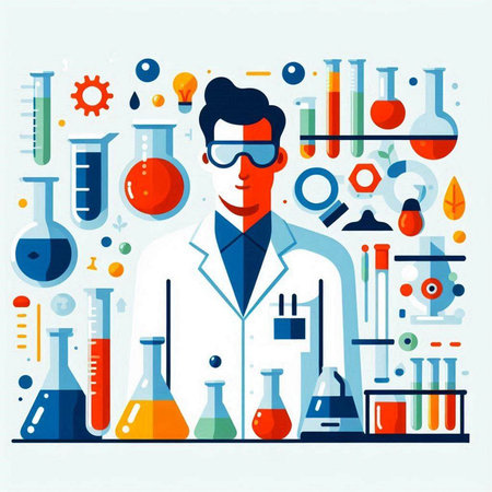 Scientist in chemical laboratory. Vector illustration in flat style. Science, chemistry, biology, medicine concept.のイラスト素材