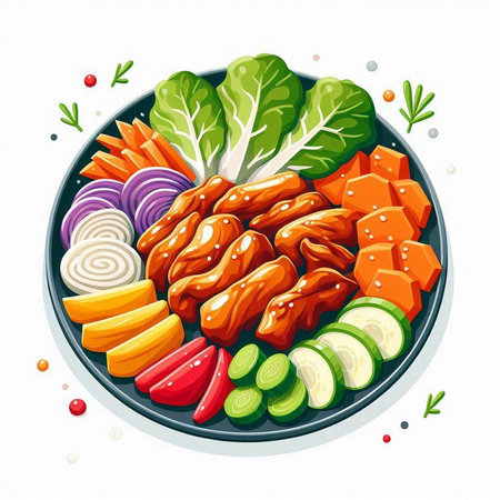 Chinese food on a plate with vegetables. Vector illustration in cartoon style.のイラスト素材