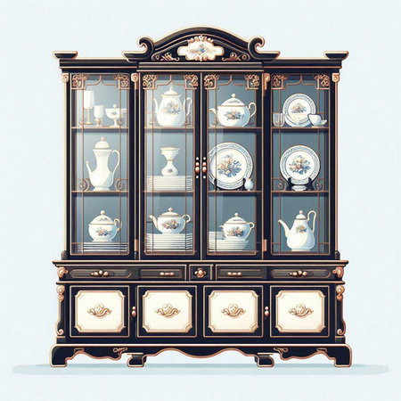 Vintage kitchen cabinet with porcelain dishes. Vector illustration.のイラスト素材