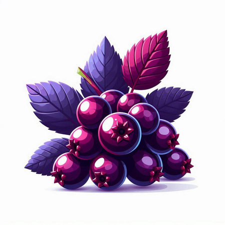 Black currant berries with leaves isolated on white background. Vector illustration.のイラスト素材