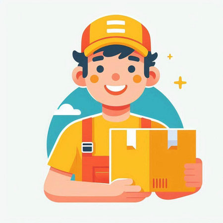 Courier delivery man holding box. Flat style vector illustration.のイラスト素材