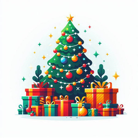 Christmas tree and gifts. Merry Christmas and Happy New Year. Vector illustrationのイラスト素材