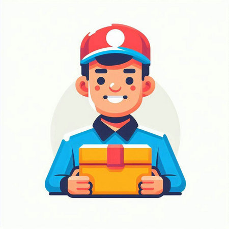 Courier in uniform delivering parcel box. Delivery service concept. Vector flat cartoon illustrationのイラスト素材