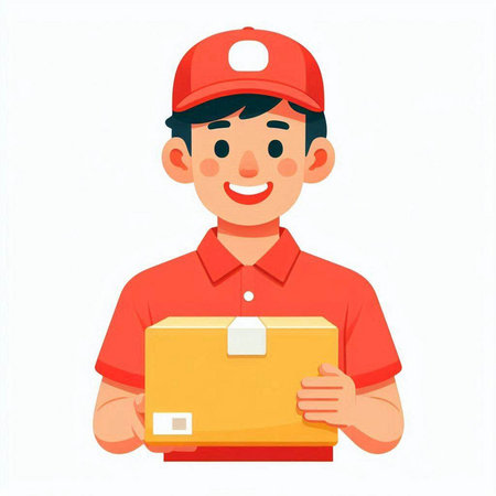 Delivery man in red uniform holding box. Vector illustration in cartoon styleのイラスト素材