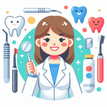 Dentist woman with dental tools. Vector illustration in cartoon style.のイラスト素材
