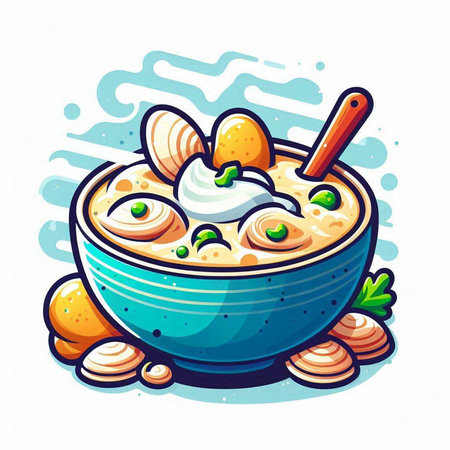 Vector illustration of a bowl of porridge with sour cream and mushroomsのイラスト素材