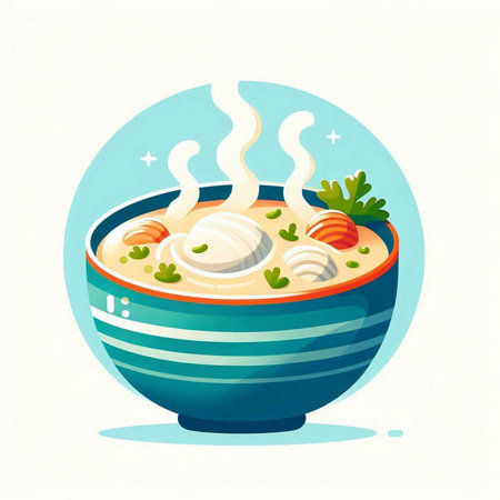 Illustration of a bowl of soup with dumplings and vegetablesのイラスト素材