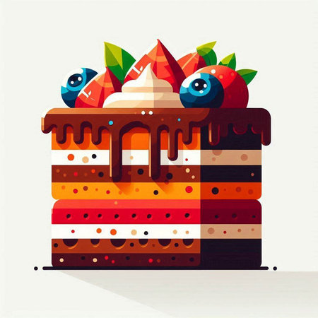 Vector illustration of a slice of cake decorated with berries and cream.のイラスト素材