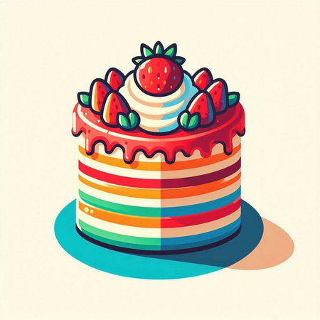 Vector illustration of a cake with strawberries on a light background. Flat style.のイラスト素材
