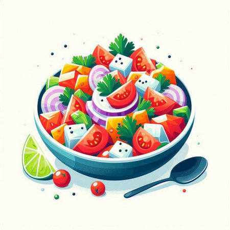 Vegetable salad in a bowl on white background. Vector illustration.のイラスト素材