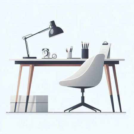 Office workplace with computer, chair and table lamp. Vector illustration.のイラスト素材