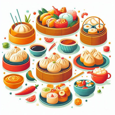 Chinese traditional food set with dim sum, dumplings, mochi, chinese bun, soy sauce and chopsticks isolated vector illustrationのイラスト素材