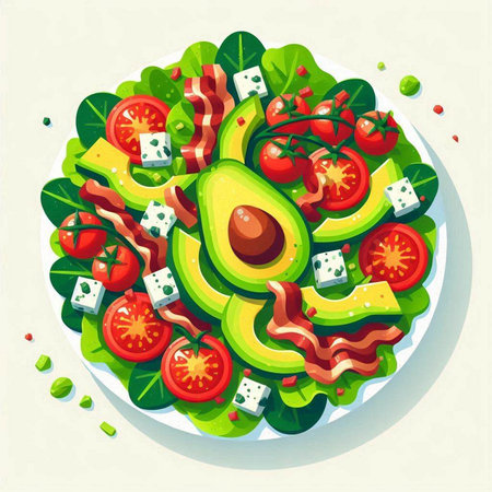 Salad with avocado, tomatoes, cheese and greens. Vector illustration.のイラスト素材