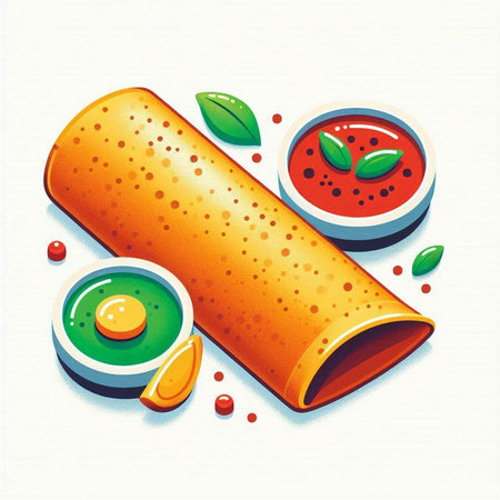 Illustration of a tortilla roll with tomato sauce on a white backgroundのイラスト素材