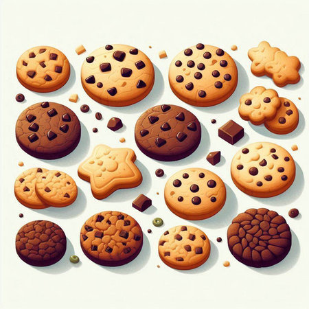Chocolate chip cookies and chocolate chips on white background. Vector illustration.のイラスト素材
