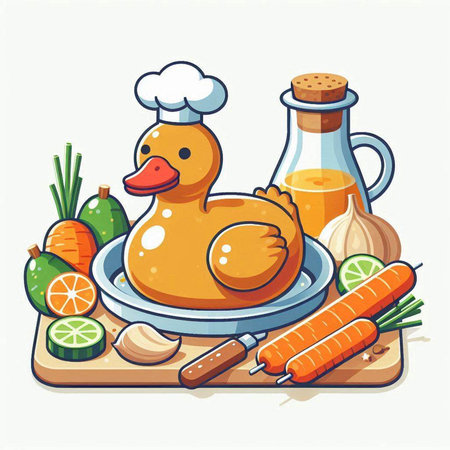 Vector illustration of duck with ingredients for cooking on a white background.のイラスト素材
