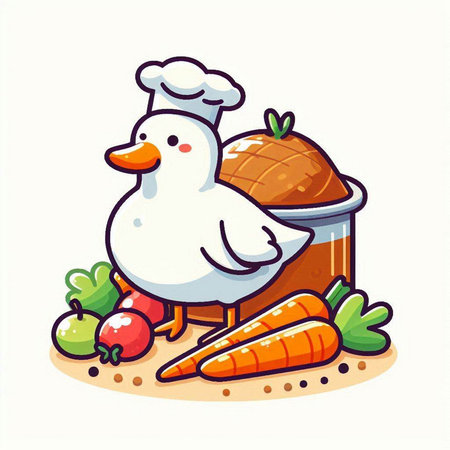 Illustration of a Cute Chicken Cooking with Vegetables - Vectorのイラスト素材