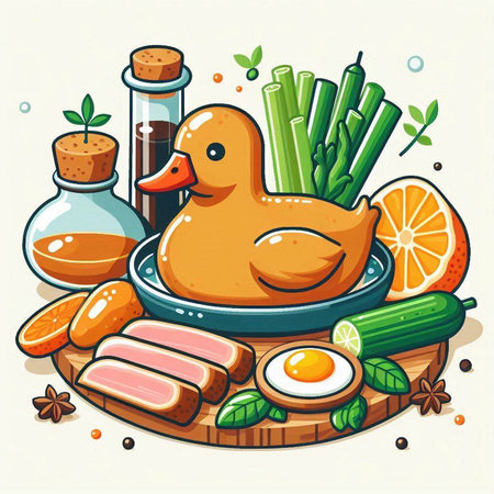 Illustration of a duck and vegetables on a plate. Vector illustration.のイラスト素材