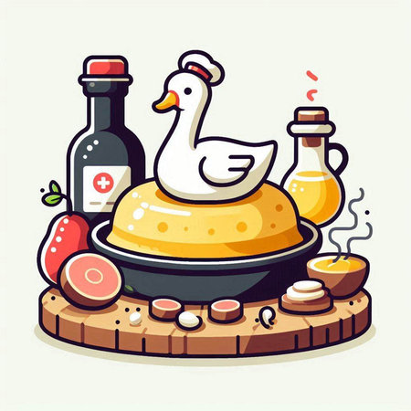 Illustration of a duck with food and wine on a white backgroundのイラスト素材