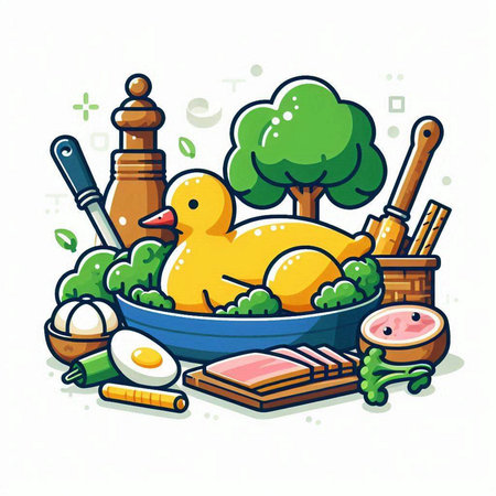 Vector illustration of a yellow rubber duck in a bath with vegetables and food.のイラスト素材
