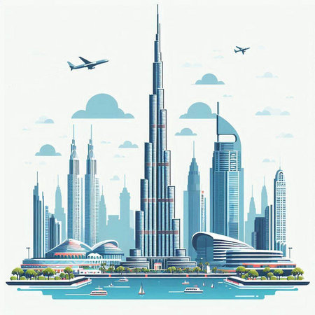 Dubai city skyline with skyscrapers and flying plane. Vector illustration.のイラスト素材