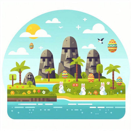 Easter egg hunt in the village. Vector illustration in flat styleのイラスト素材