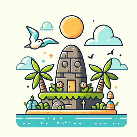 Ancient Mayan statue on the island. Vector illustration in flat styleのイラスト素材