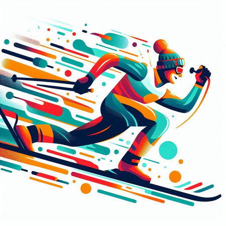 Vector illustration of skier in motion on abstract background with copy spaceのイラスト素材