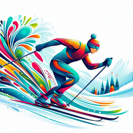 Vector illustration of a skier skiing in the mountains. Winter sport.のイラスト素材