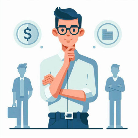 Businessman thinking about money. Business concept. Vector illustration in flat styleのイラスト素材