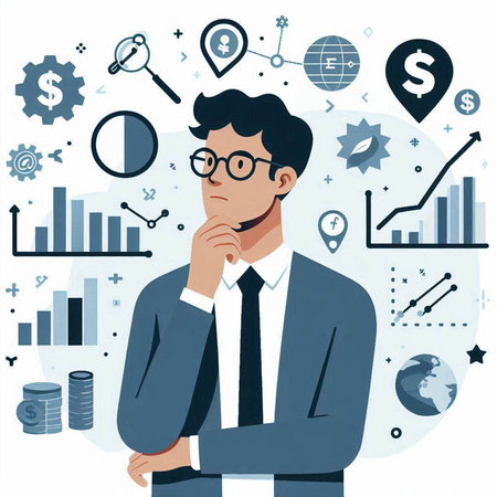Vector illustration of a businessman thinking about money. Business and finance concept.のイラスト素材