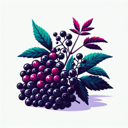 Bunch of ripe black currant with leaves. Vector illustration.のイラスト素材